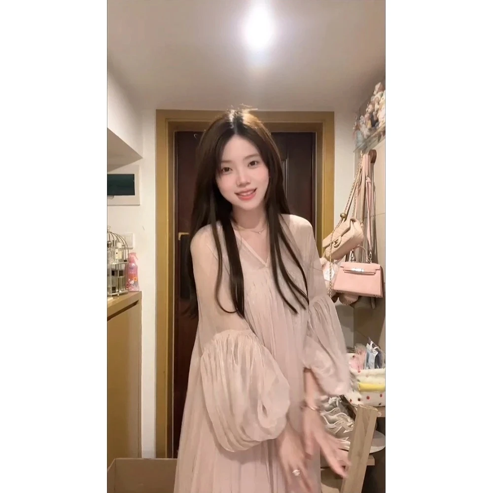 【月下白茶花】冷淡系v领显瘦气质长裙法式高级感雪纺连衣裙