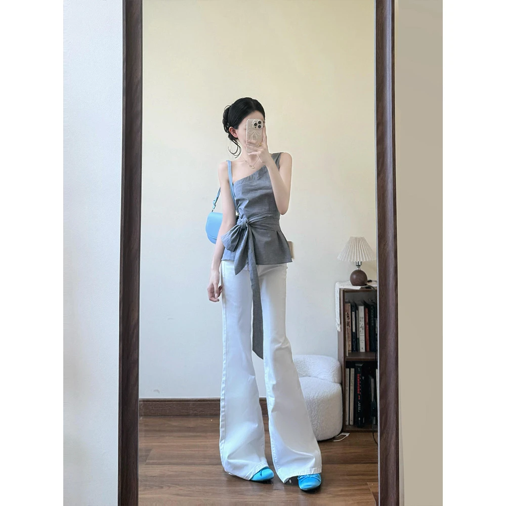 法式复古不规则斜肩绑带格子吊带背心女夏季2025新款气质显瘦上衣