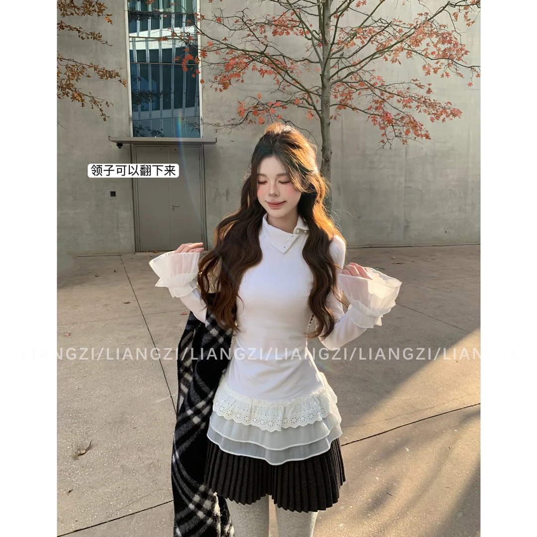 现货·梁子【淡颜天菜】冬季拼接蕾丝正肩长袖T恤收腰修身半高领内搭