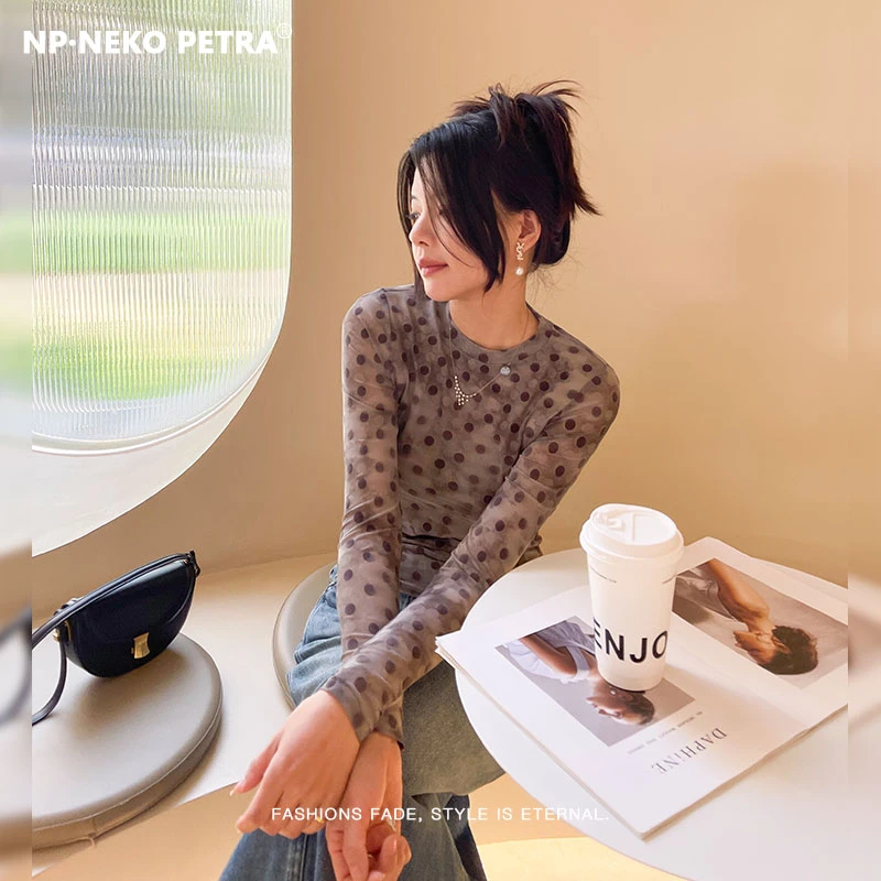 NP·Neko Petra复古植绒波点打底衫女春夏薄款时尚弹力网纱上衣