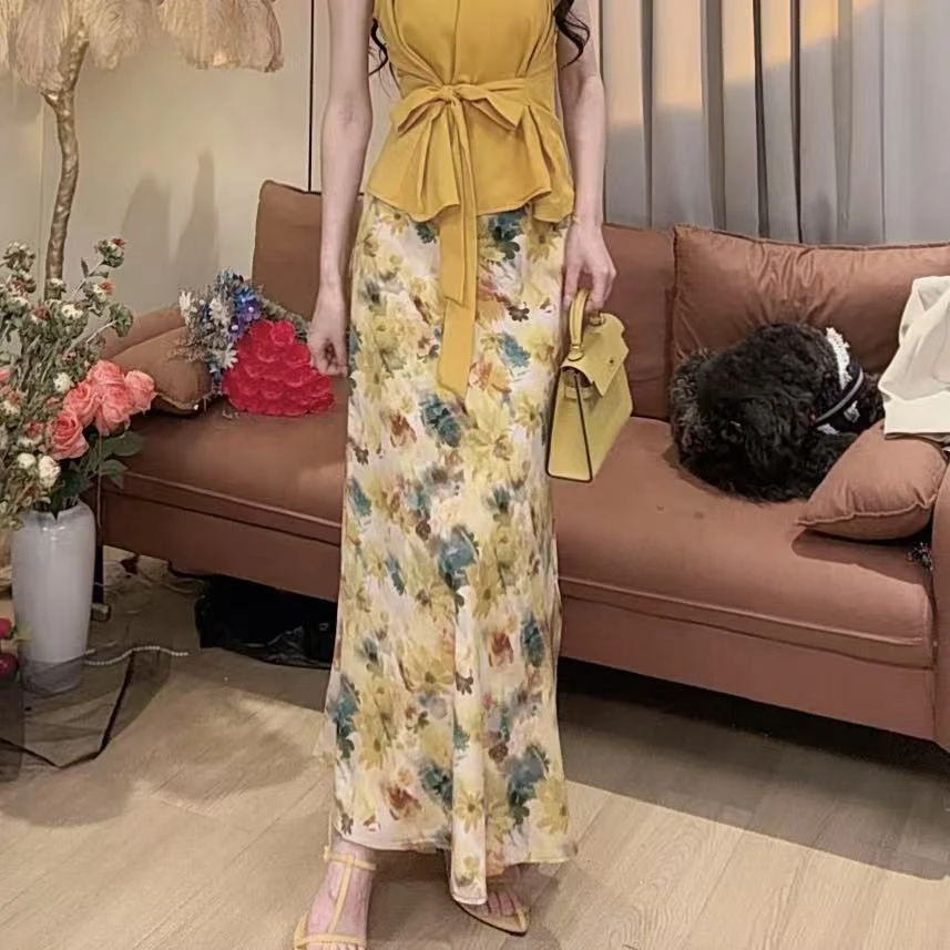【美美专享】15511夏季新款高级感碎花鱼尾开叉半身裙女