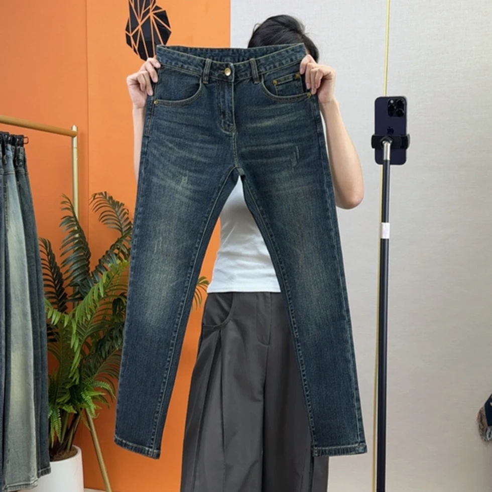 秋冬季男士牛仔裤修身弹力小脚长裤潮流百搭猫须设计深蓝色九分裤