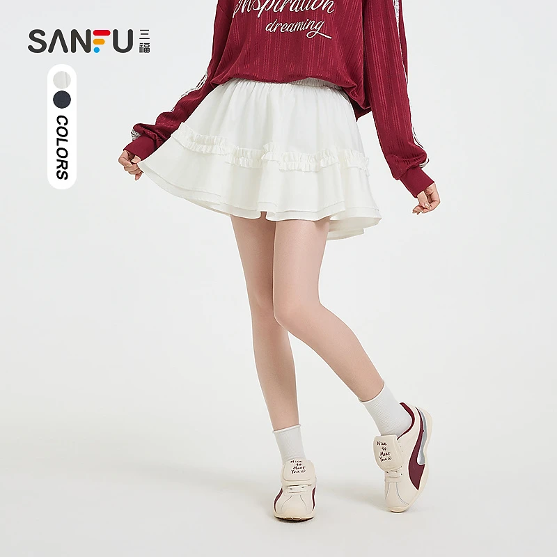 三福短裙2025春季木耳边设计蛋糕裙优雅裙子女装497418