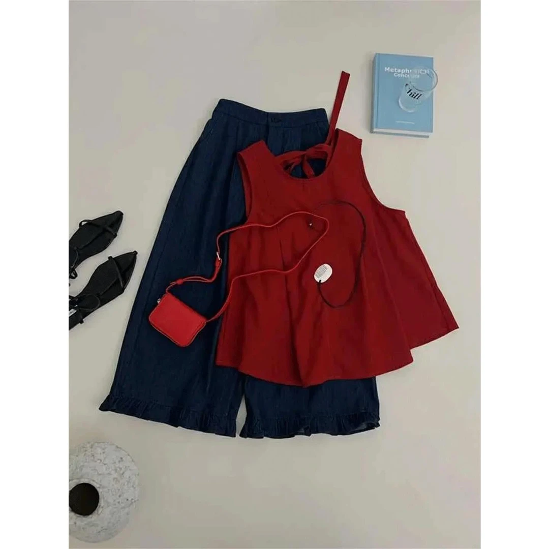 2025夏日穿搭一整套绑带红色背心吊带女小个子宽松阔腿裤两件套装