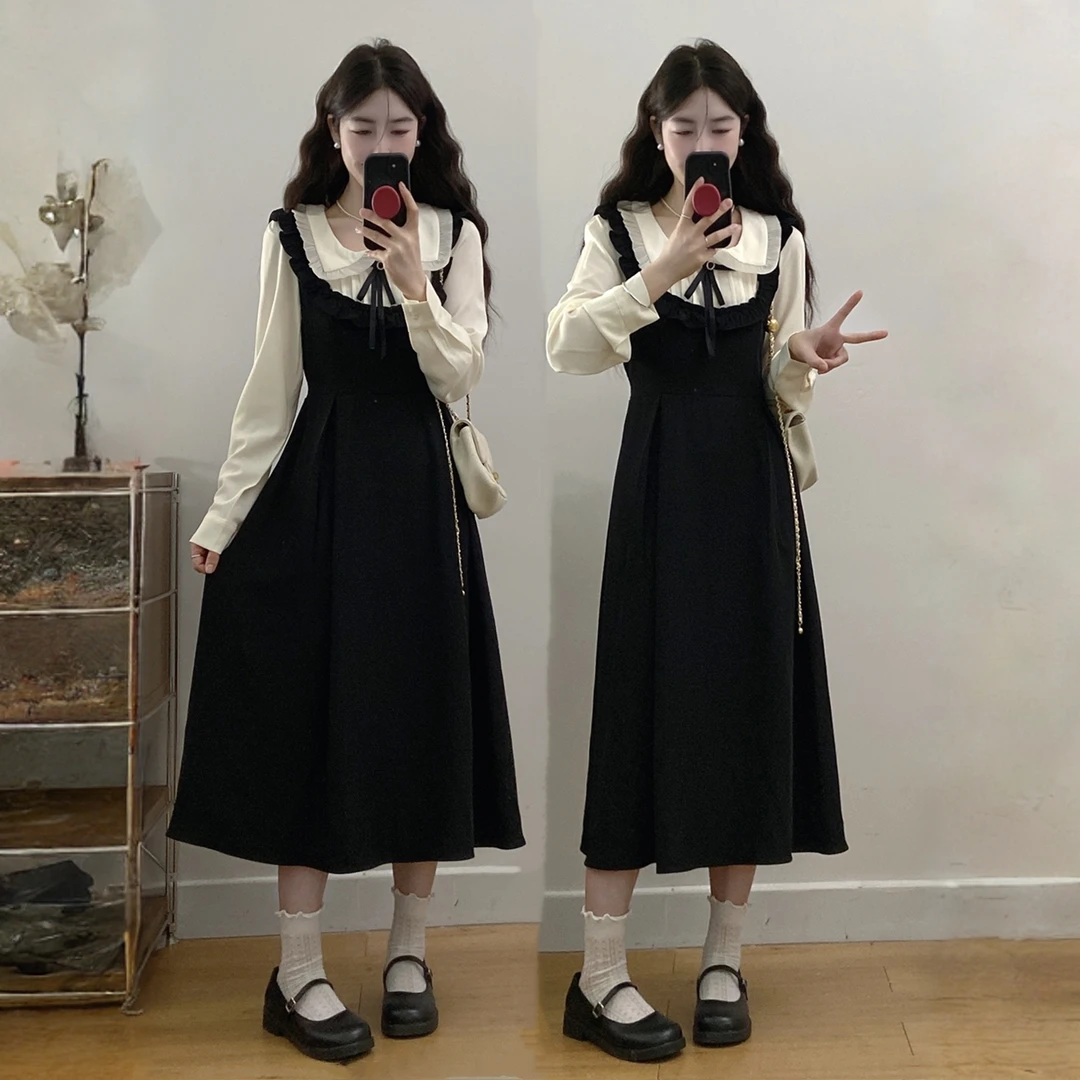 大码女装假两件显瘦长袖连衣裙2025新款法式娃娃领高级感拼接长裙