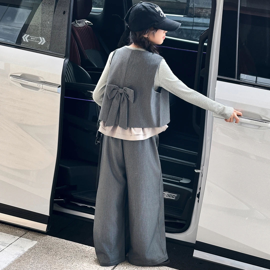 女童小香风套装洋气甜美儿童洋气马甲长袖T恤小女孩阔腿裤三件套
