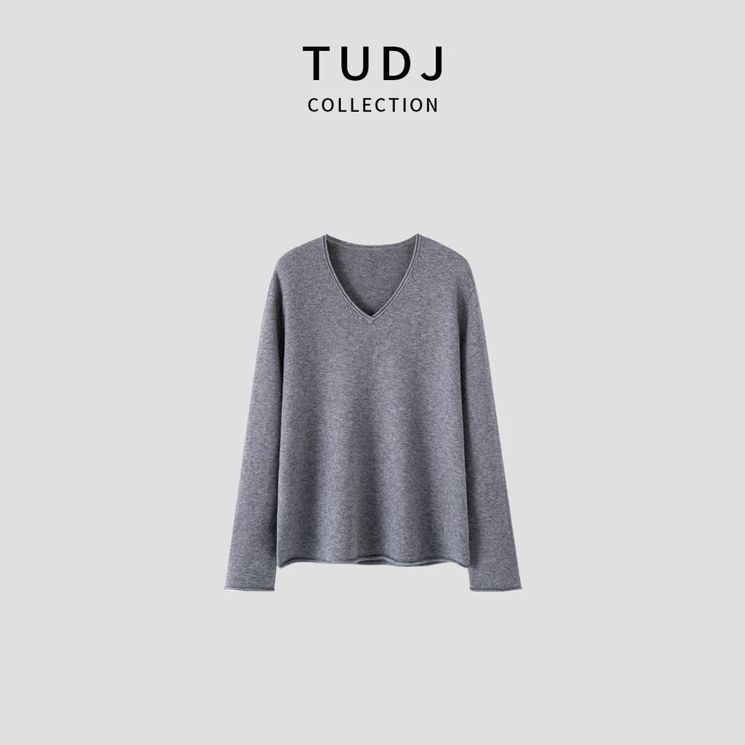 【TUDJ】慵懒风羊毛针织衫V领卷边长袖女秋冬百搭宽松显瘦纯色上衣