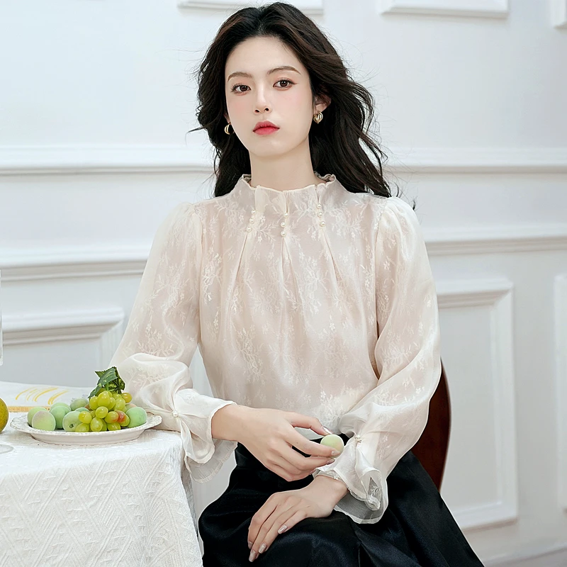 衬衣女款爆款2025新款上衣气质立领雪纺蕾丝衬衫新款小香风高级感