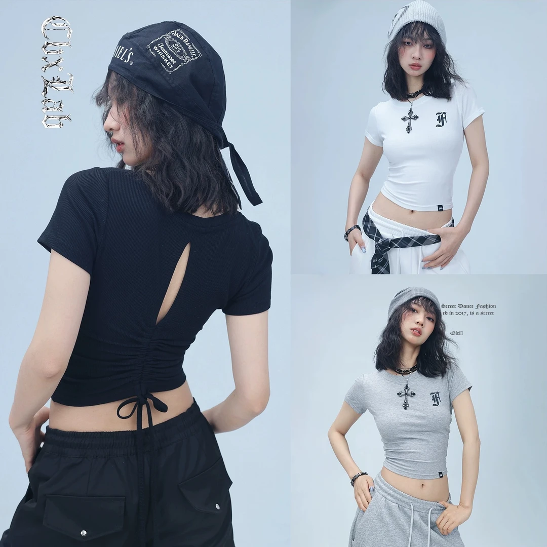 CBXLAB街舞潮牌后背抽褶简约上衣爵士辣妹运动短款修身短袖