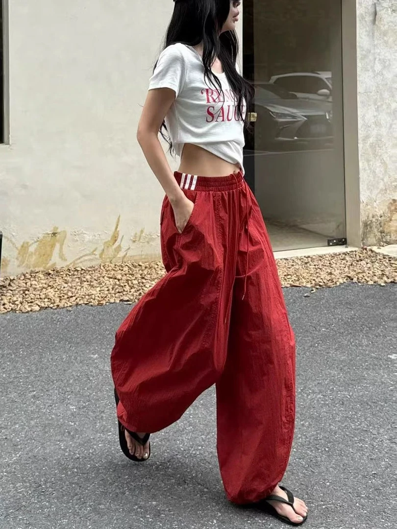 美式新款多巴胺休闲工装裤女夏季高腰垂感宽松显瘦直筒百搭阔腿裤