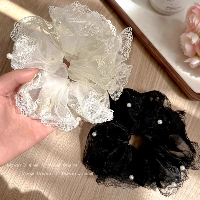 网纱刺绣珍珠大肠发圈女2025新款高级感盘头发头绳发饰高马尾发绳