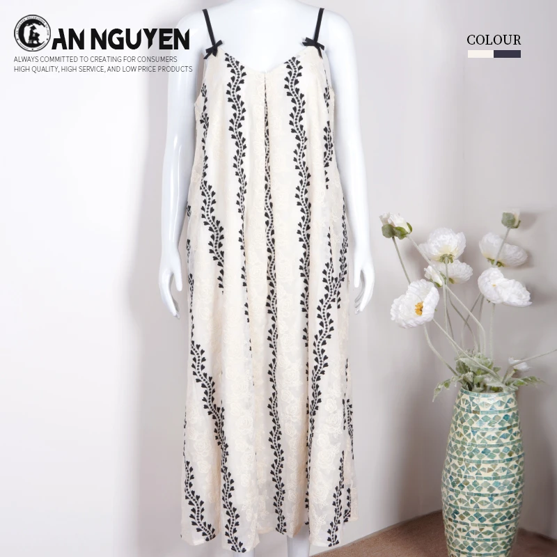 XF新款夏季小清新刺绣吊带连衣裙时尚碎花宽松度假长裙