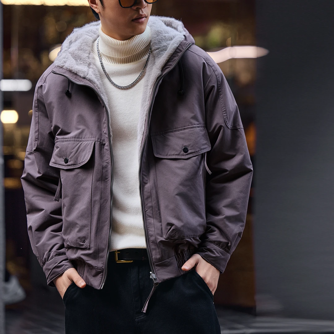 格蓝鹿美式双面穿毛绒夹克棉服男冬季保暖连帽棉衣大口袋工装外套