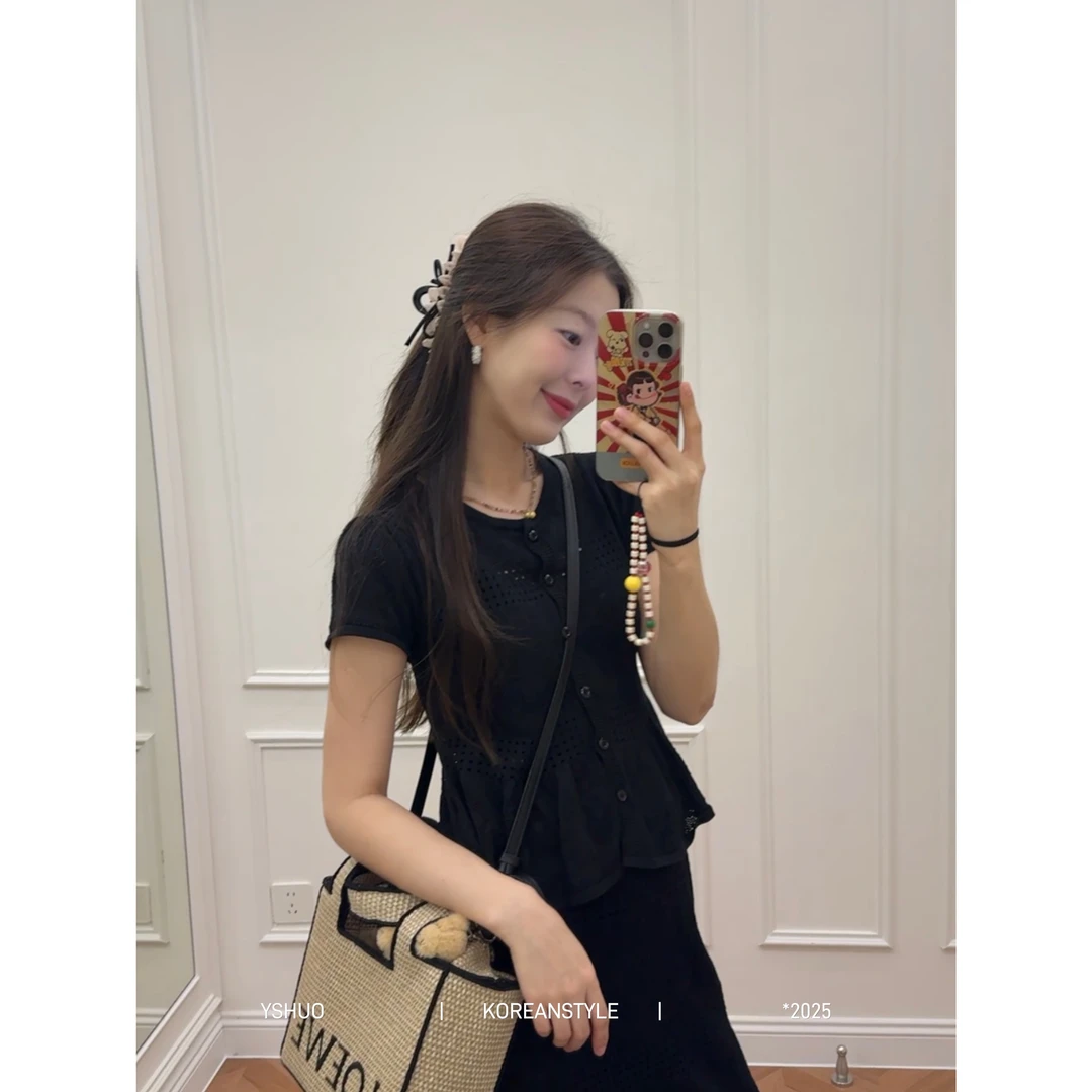 【人间赫本】镂空度假风套装裙短袖上衣A字半身裙两件套 25100