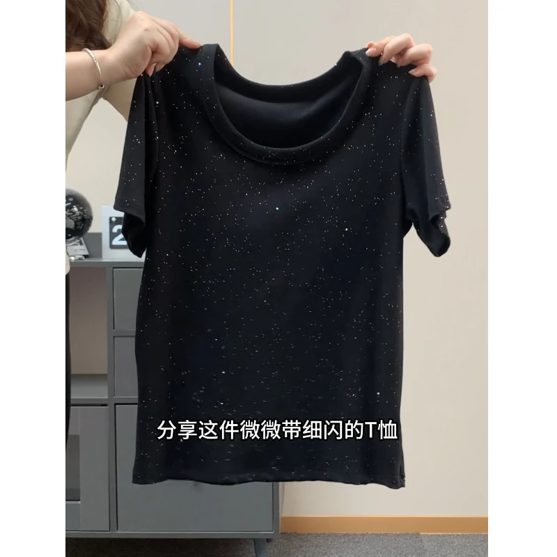 大码胖mm夏季新款细闪闪亮片圆领正肩设计感百搭短袖t恤女上衣ins