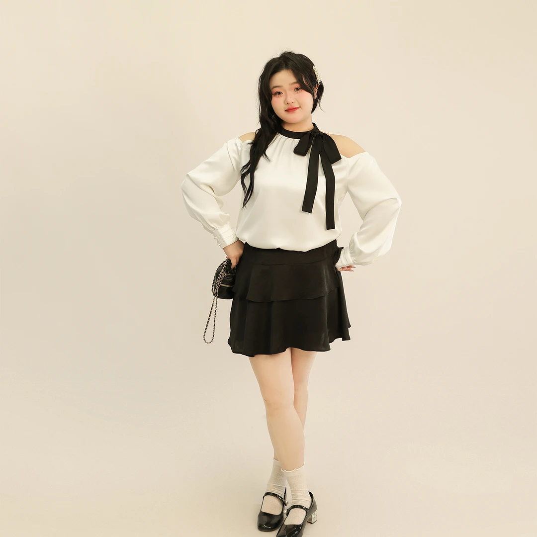 大码百分百春季气质挂脖露肩撞色衬衫0052