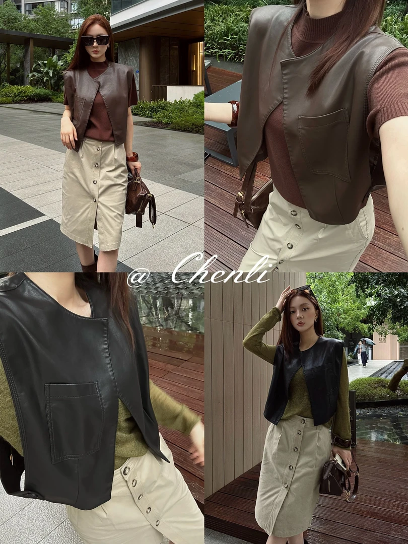 XiANJiE坎肩马甲早秋时尚无袖背心坎肩修身显瘦百搭皮衣马夹8827