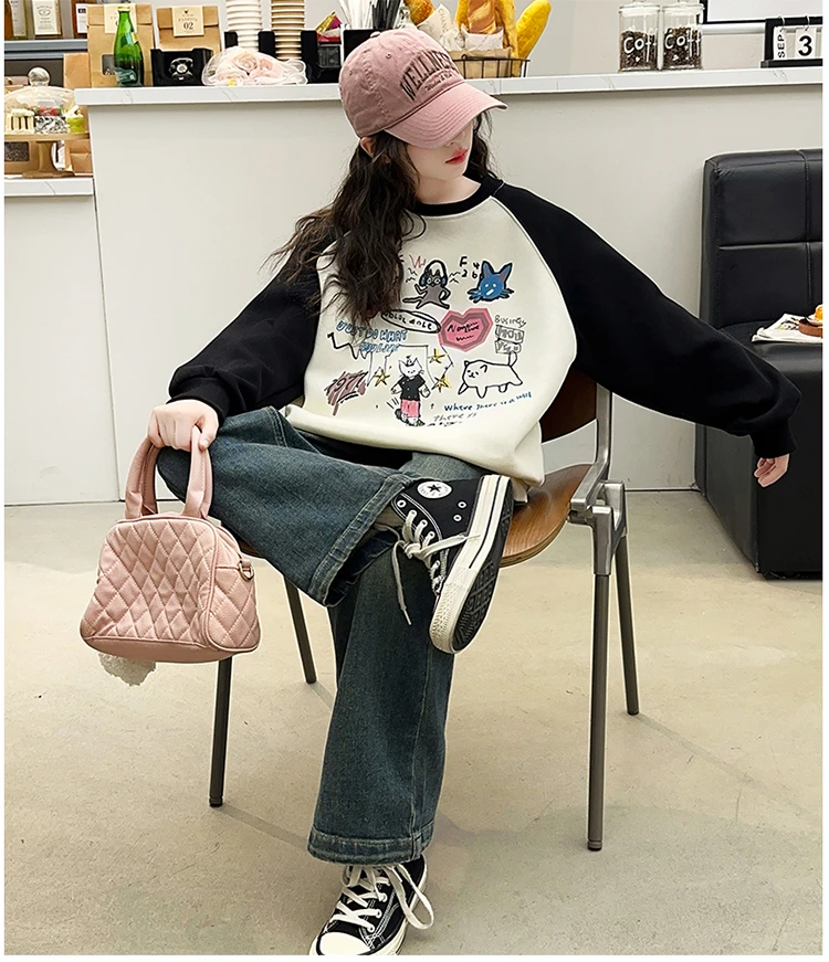 女童卫衣春秋款2025新款大童女孩韩版圆领插肩袖上衣童装洋气衣服