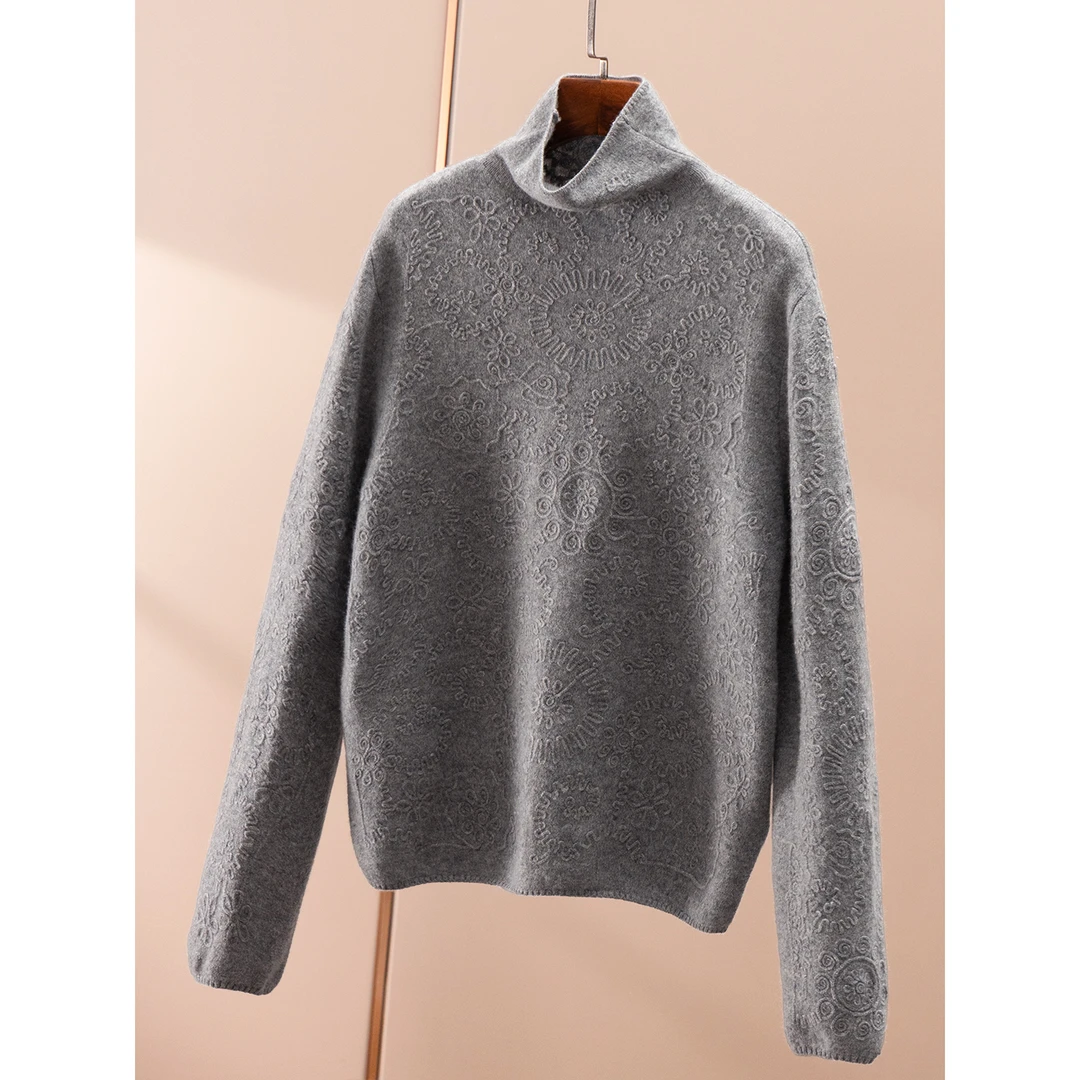 春天家 特别好看！法柜100山羊绒立体盘花高领花纱毛衣女91E7