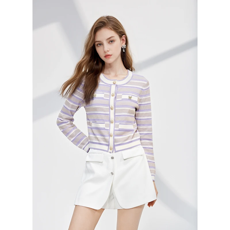 missCOCOON时尚针织开衫2023春装新款女装气质圆领条纹通勤外套女