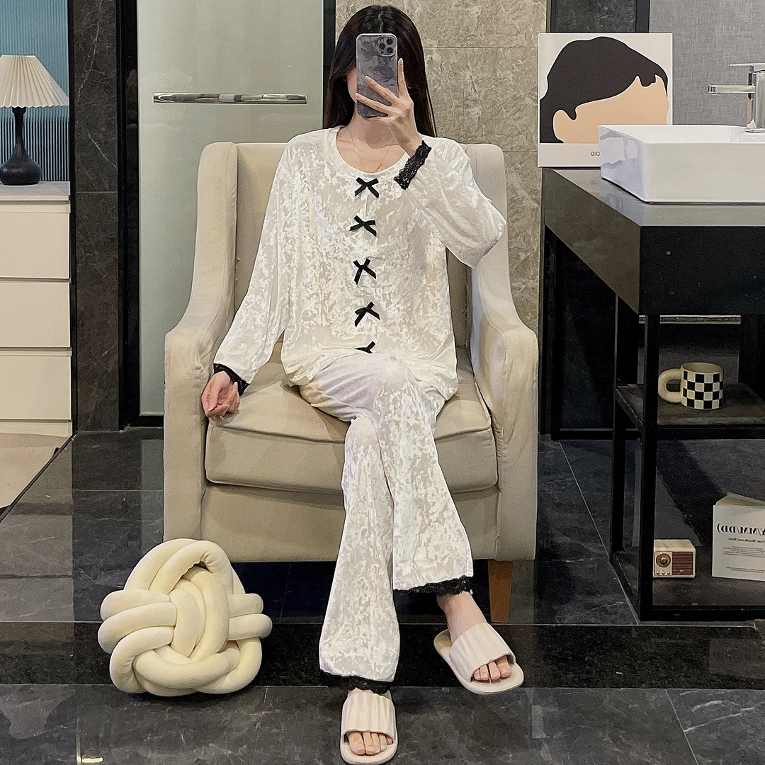 2025年新款金丝绒睡衣女春秋季黑色蝴蝶结长袖长裤秋冬家居服套装