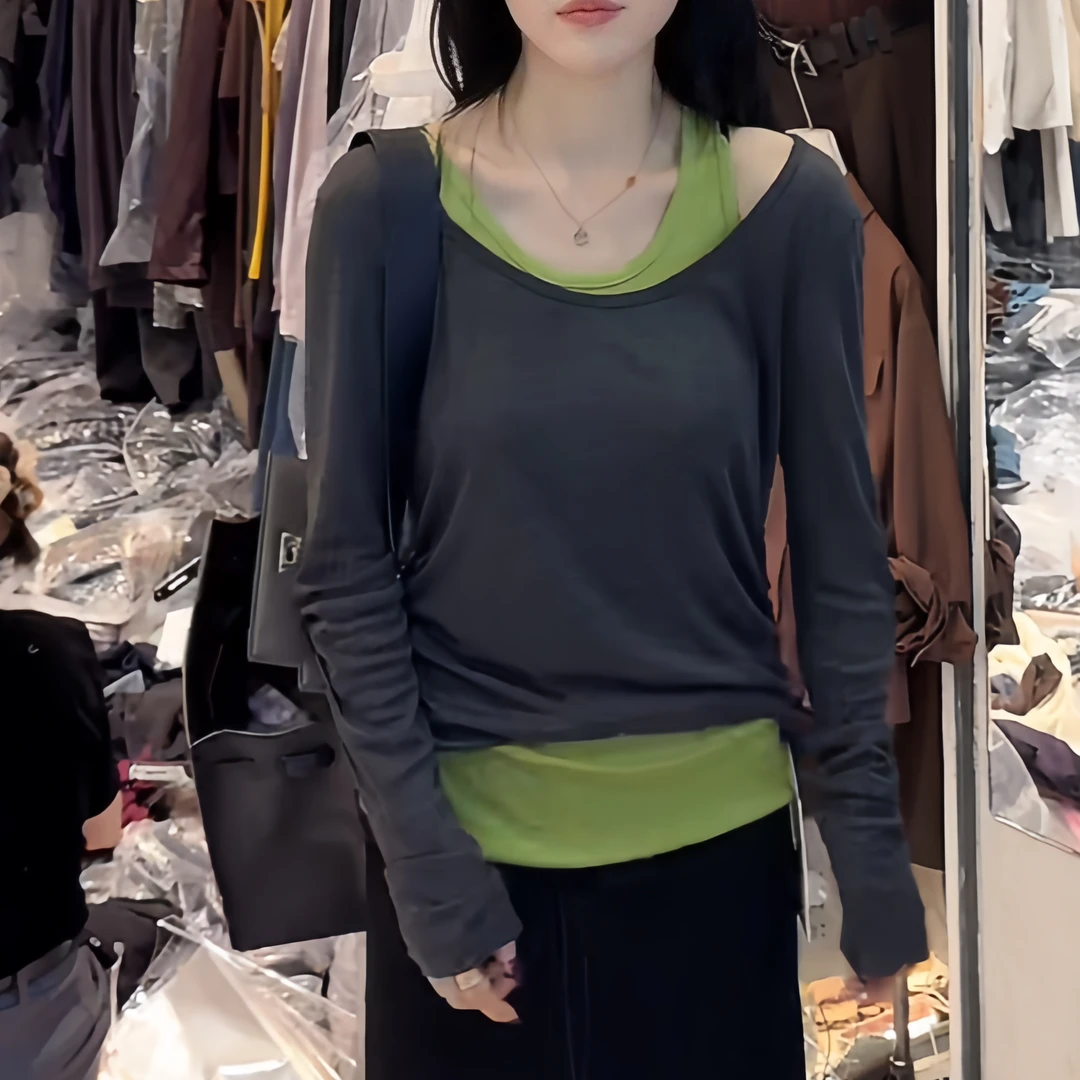 2025年设计感定制简约两件套潮流感拼接通勤显瘦百搭上衣女设计感