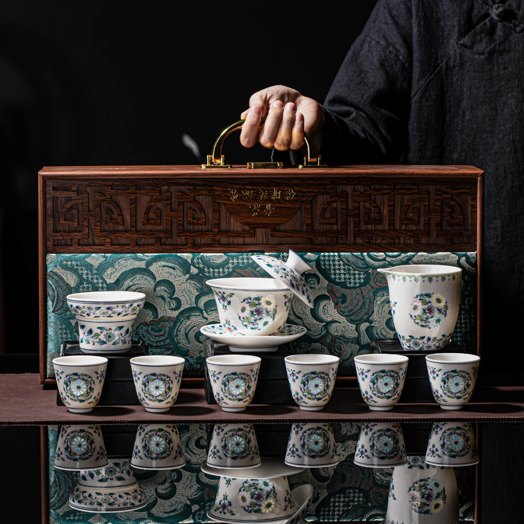 羊脂玉玲珑瓷彩菊流光整套茶具套装办公室家用待客功夫茶具套装