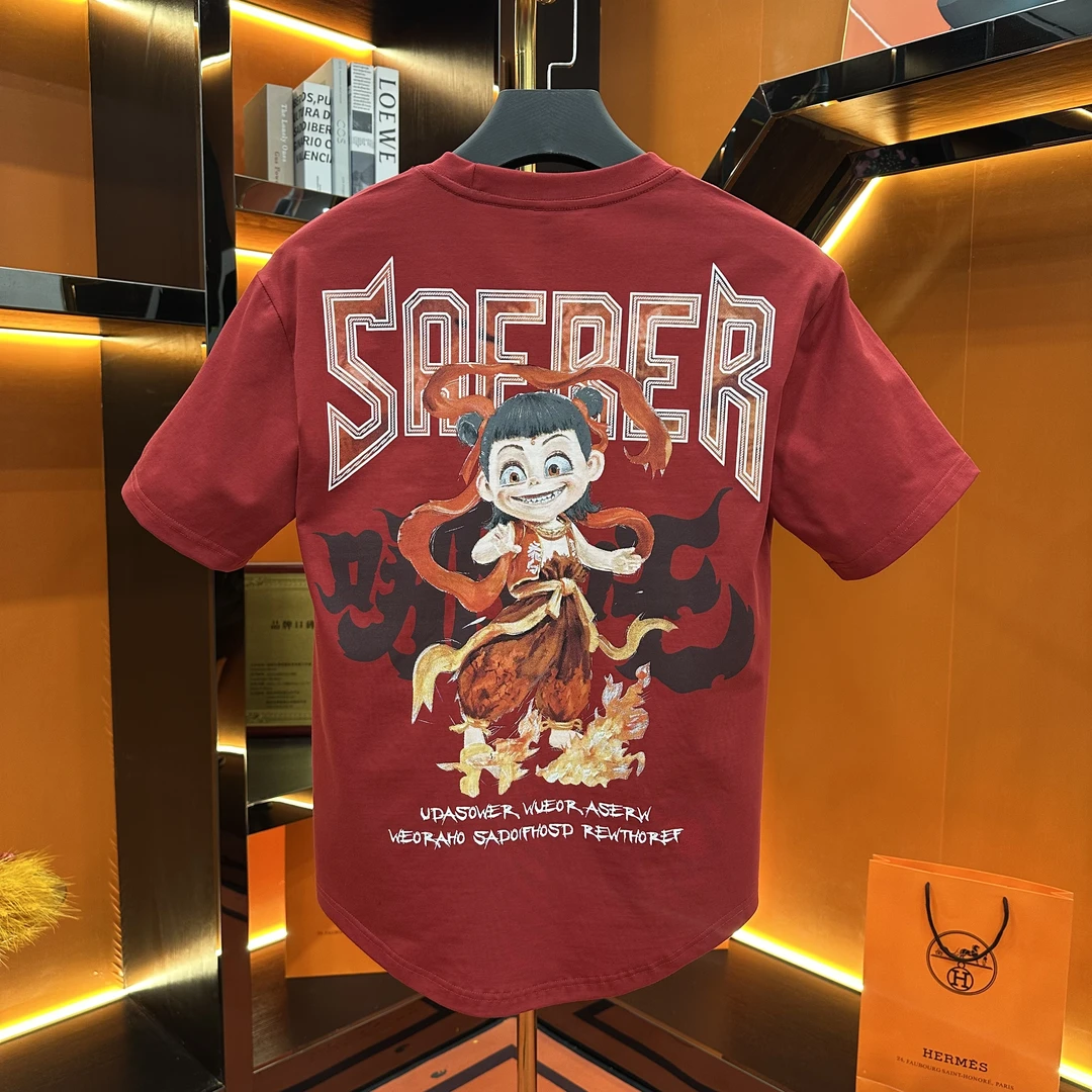 夏季新款哪吒短袖T恤国朝百搭半袖绣花印花圆领透气百搭男士宽松