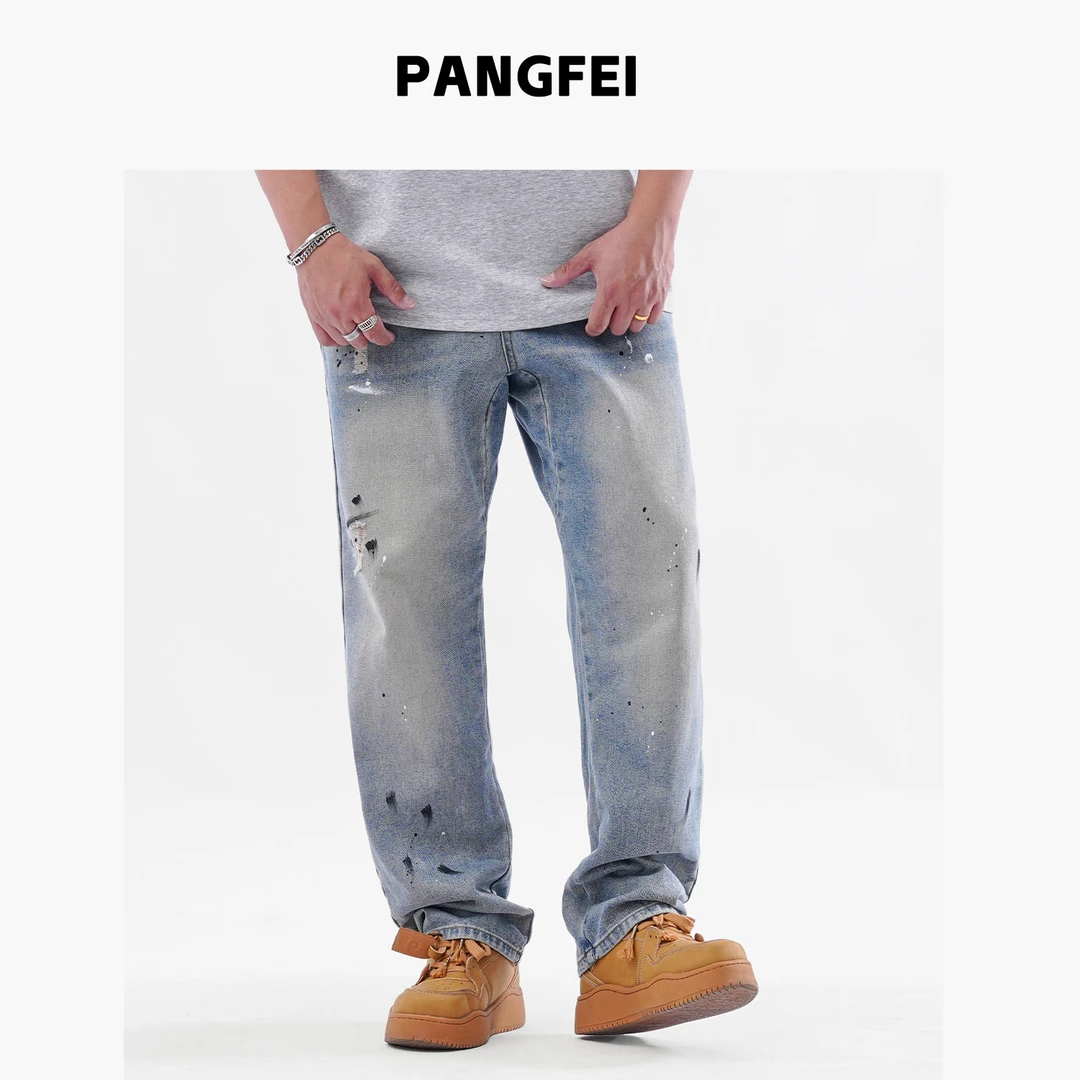 K2508大码男装男士直筒泼墨牛仔裤宽松潮流休闲水洗高街长裤百搭