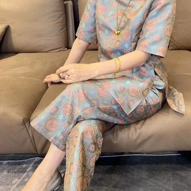 2025夏季新款新中式国风潮流复古盘扣印花甜美短袖长裤女时尚套装