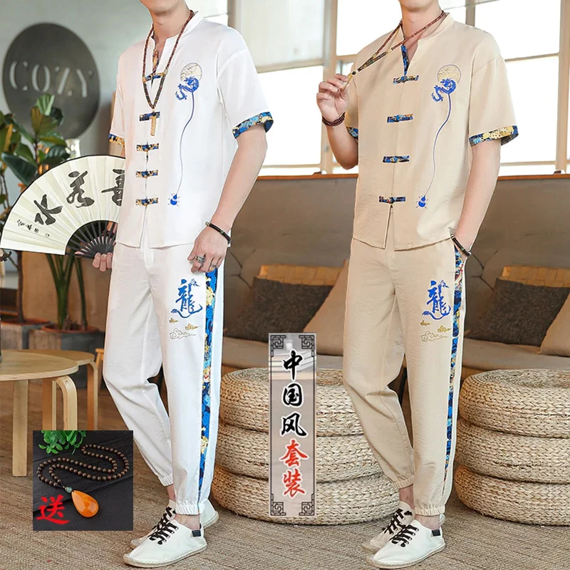 2025中国风夏季新款短袖衬衫男士休闲宽松新中式古风开衫潮流套装