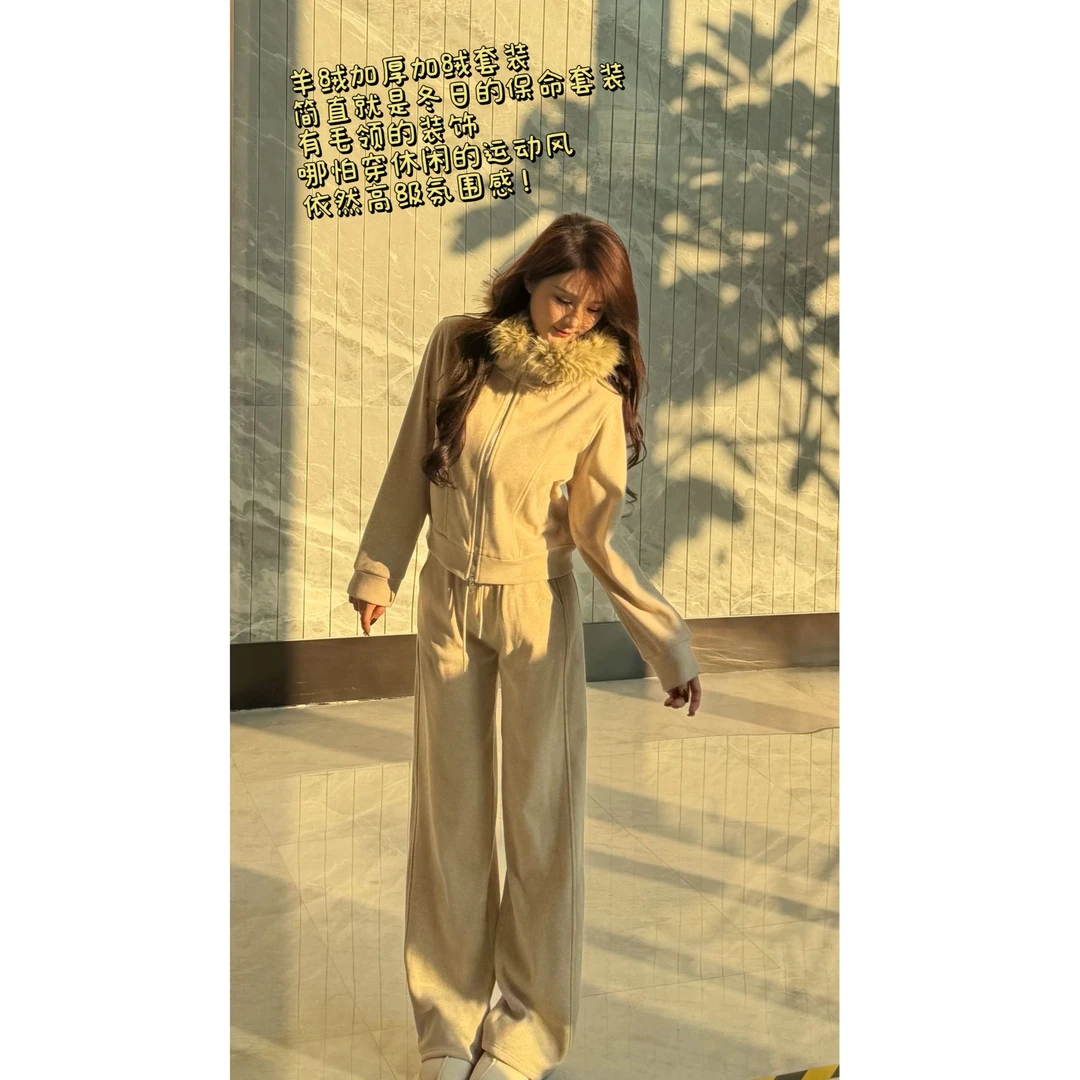 YDD•「Z-745」慵懒休闲时尚套装毛领卫衣外套阔腿裤子两件套XY-8681