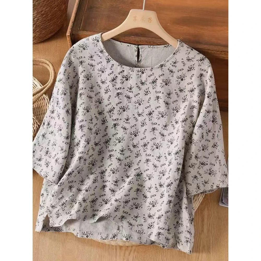 5880 GZC1复古气质碎花T恤女夏季宽松圆领上衣七分袖套头衫