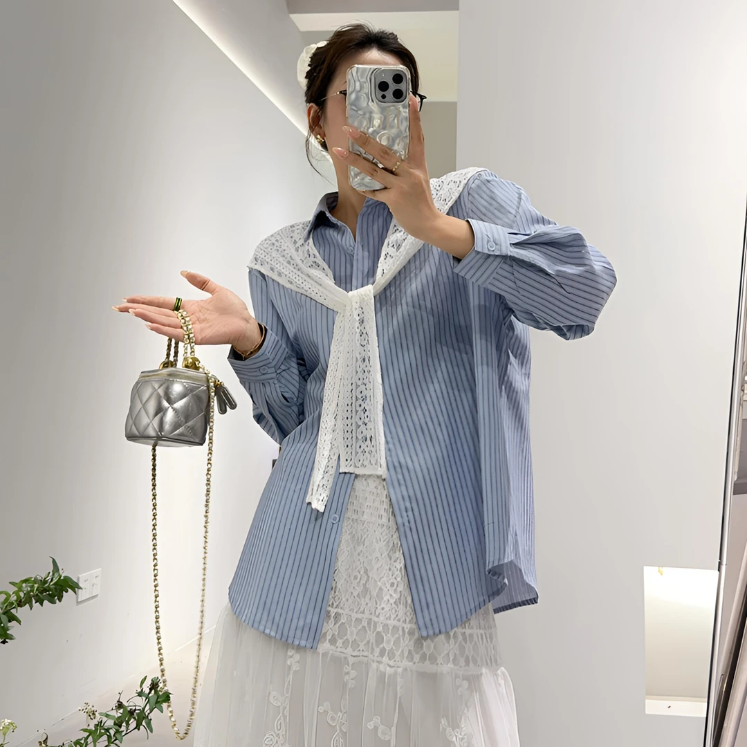 大禾【蕾丝拼接】假两件条纹衬衫女春季高级长袖气质宽松显瘦衬衣