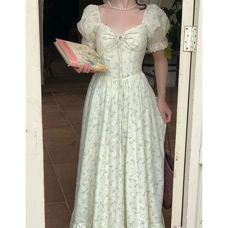 法式甜美泡泡袖碎花连衣裙女夏季森系显瘦系带长裙07047气质气质