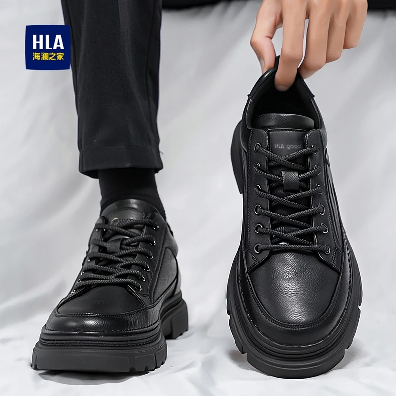 海澜之家休闲皮鞋男款2025新款冬季全黑软底真皮低帮厚底工装鞋子