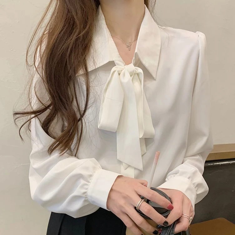 C-7940大码春季新款灯笼袖蝴蝶结衬衫白色通勤衬衣