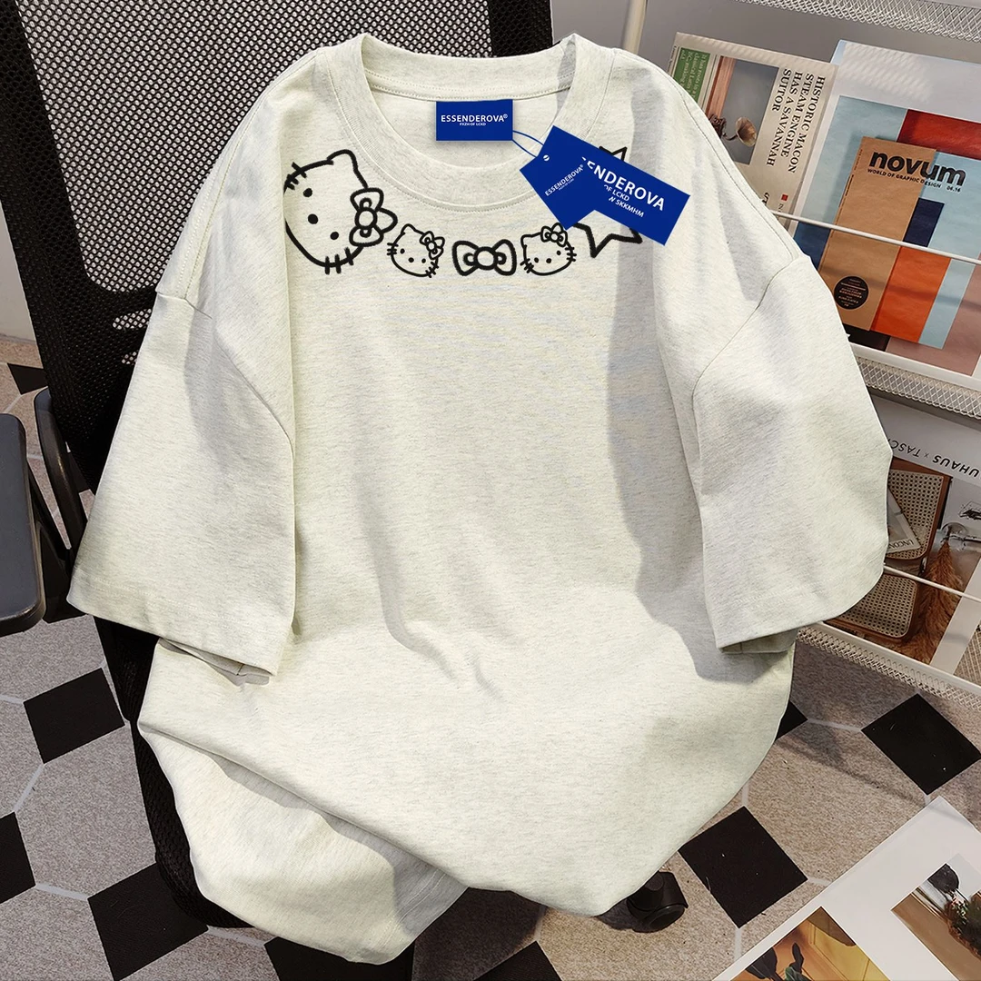 100%纯棉简约设计感凯蒂猫印花短袖女潮牌t恤夏季ins百搭宽松上衣