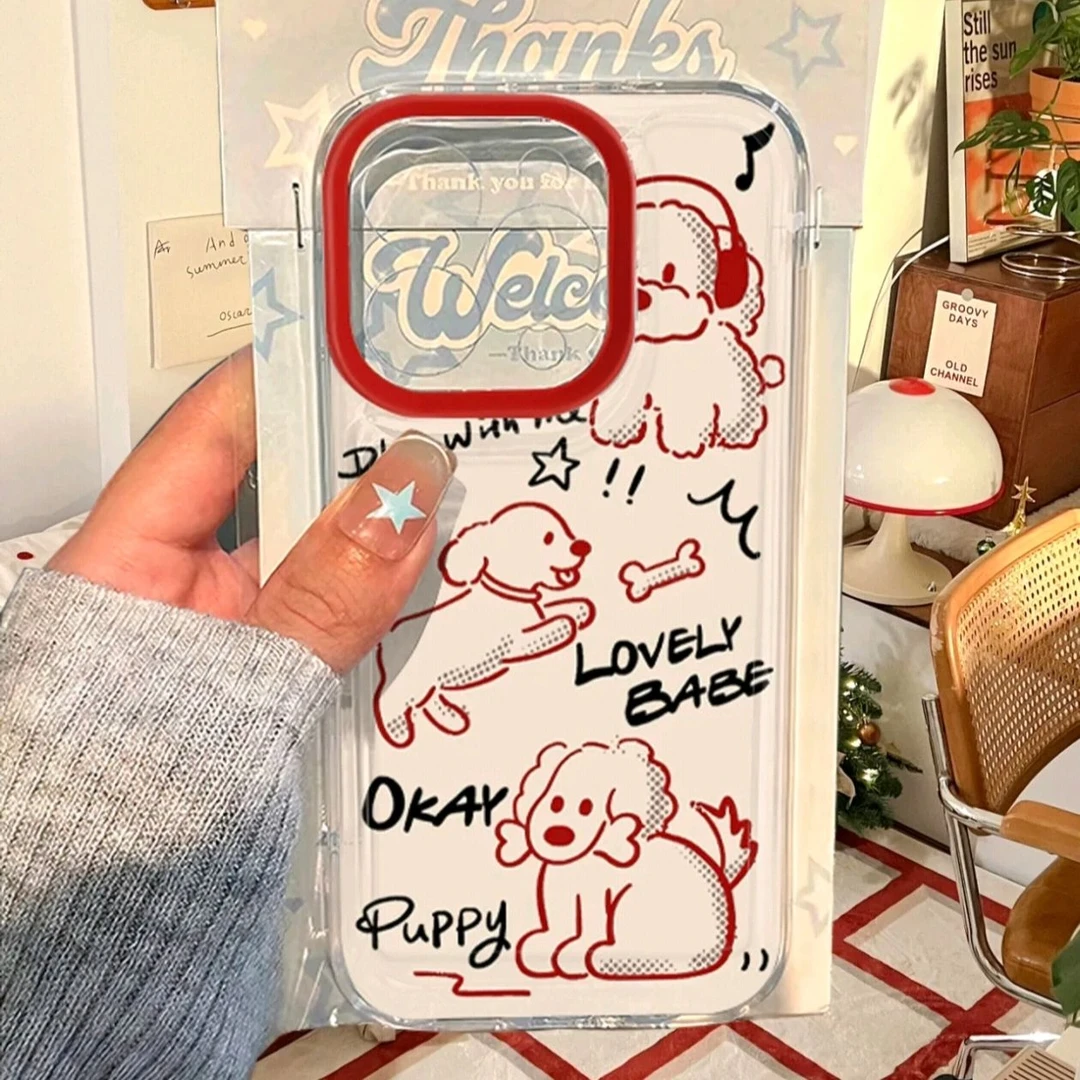 新款潮牌可爱进食啃骨头情侣狗狗太空壳手机壳全包透明简约防摔