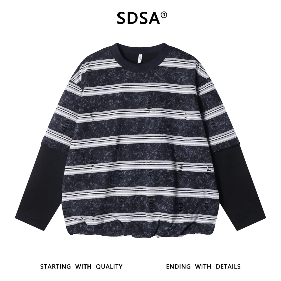 SDSA男士秋冬新款痞帅男装潮牌扎染条纹圆领假两件长袖T恤百搭潮