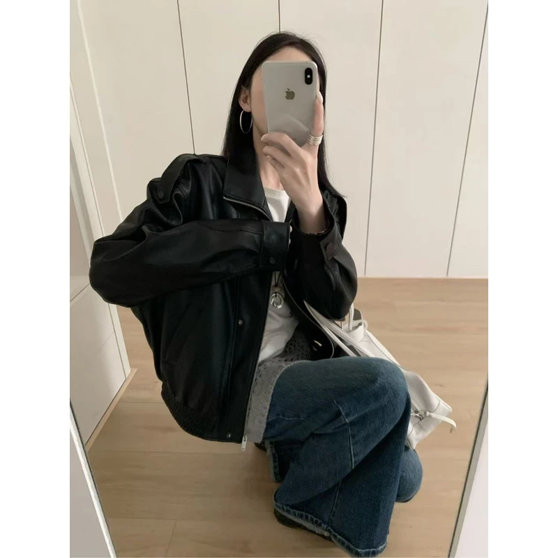1581-3952 落肩袖街头翻领秋季气质春秋网红短款皮衣外套