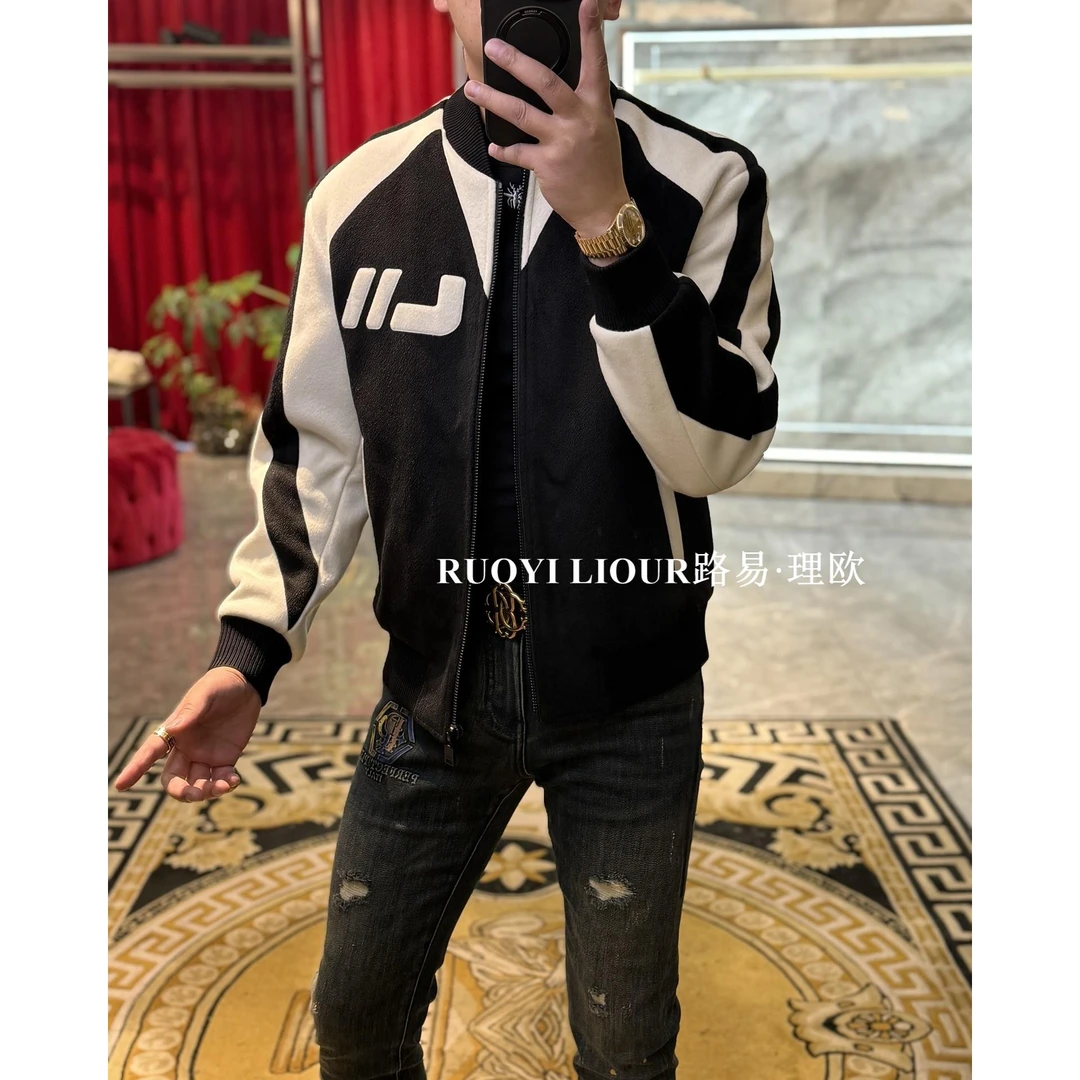 【路易理欧】欧货时尚轻奢潮流拼接胸标百搭休闲夹克82031