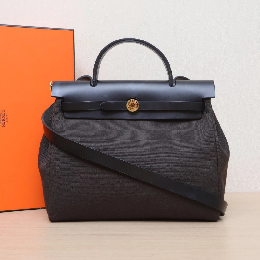 99新 Hermes/爱马仕 【黑黑】Herbag 31 黑色拼乌木色 Y刻 金扣