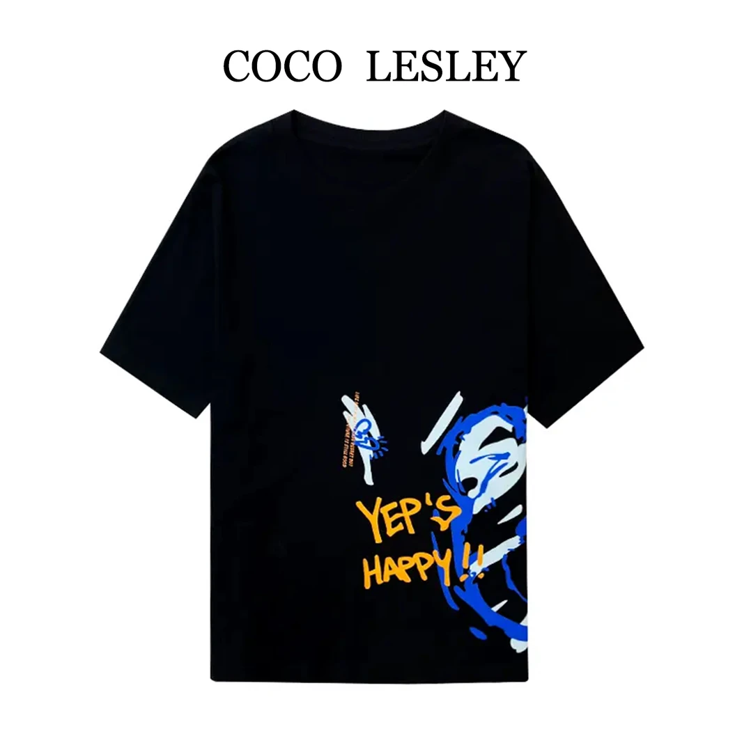 COCO LESLEY/时尚气质高级T恤白色休闲夏季宽松潮流印花圆领80488