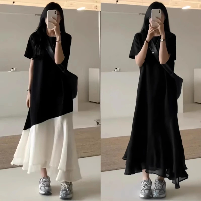 拼接荷叶边短袖连衣裙女夏季2025新款轻奢高级感显瘦气质鱼尾长裙