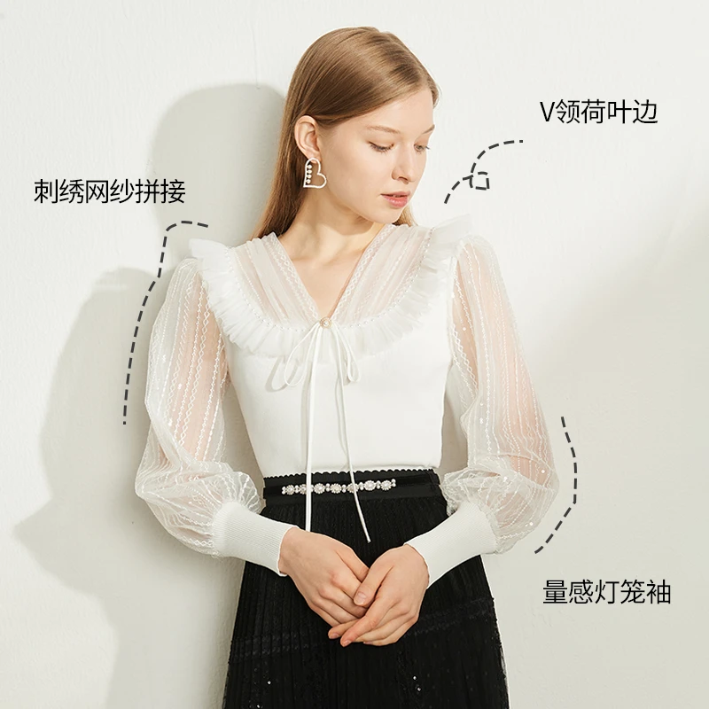 【达人专属】ANMANI恩曼琳春季刺绣网纱拼接V领荷叶边针织衫EANDAA6