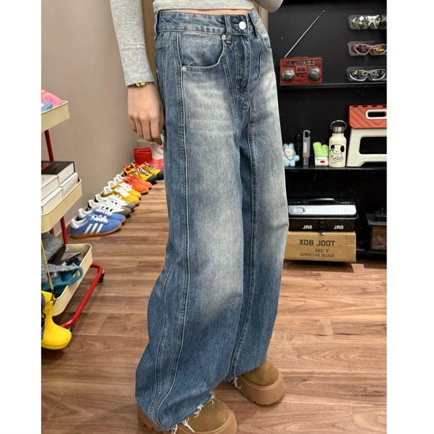 HH0217立体边复古水洗牛仔裤女秋季美式阔腿低腰直筒宽松牛仔裤