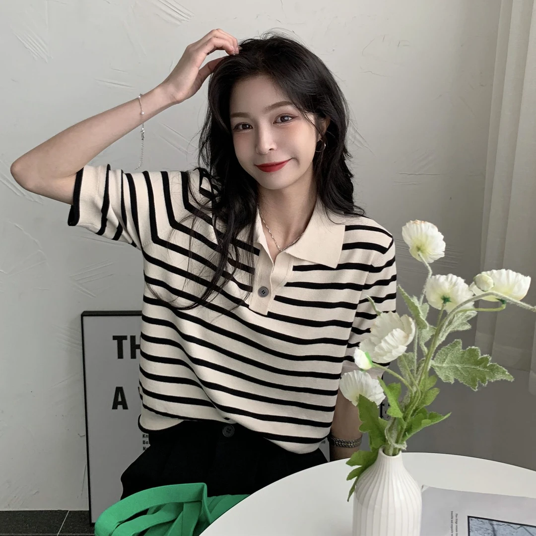 80-180斤潮流薄款条纹针织衫短袖ins女t恤小众别致时尚洋气衣服女