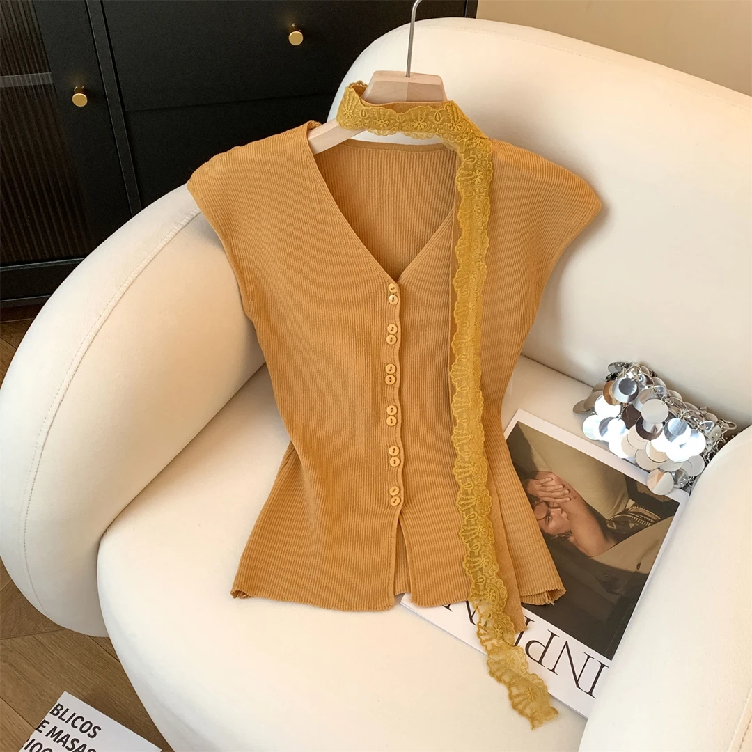 专柜撤回剪标蕾丝飘带小飞袖针织衫女夏季新款设计感别致修身上衣