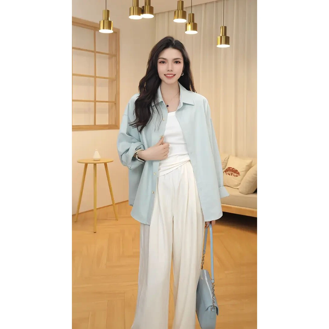 100%棉2025夏季新款刺绣衬衫女 polo领长袖百搭韩范宽松休闲上衣